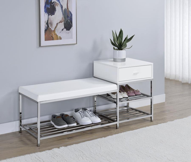Siega 1-Drawer Shoe Storage Entryway Bench White High Gloss and Chrome