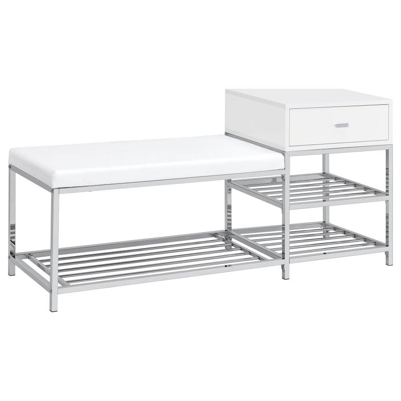 Siega 1-Drawer Shoe Storage Entryway Bench White High Gloss and Chrome