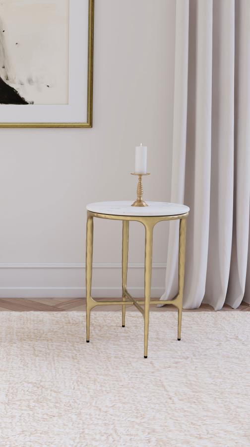 Baldwin Round Marble Top Side Table White and Gold | Full | White | White Marble | 930081