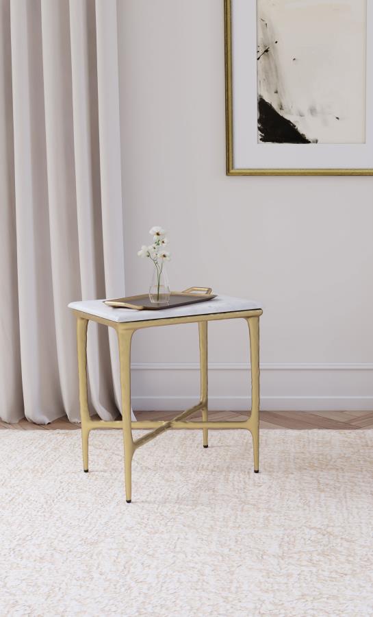 Baldwin Rectangular Marble Top Side Table White and Gold | Full | White | White Marble | 930091