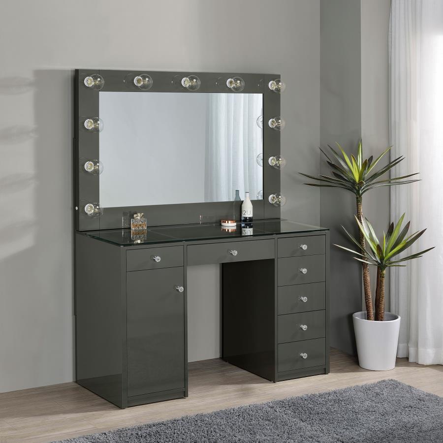 Acena 7-drawer Vanity Set with Lighting Grey High Gloss | Grey | Grey High Gloss | 931145