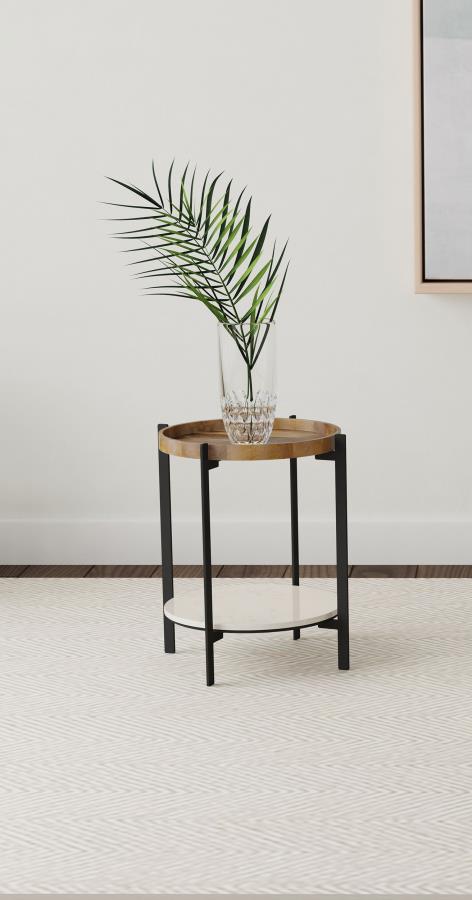 Adhvik Round End Side Table Marble Shelf Natural and Black | Full | Multi | Natural | 931218