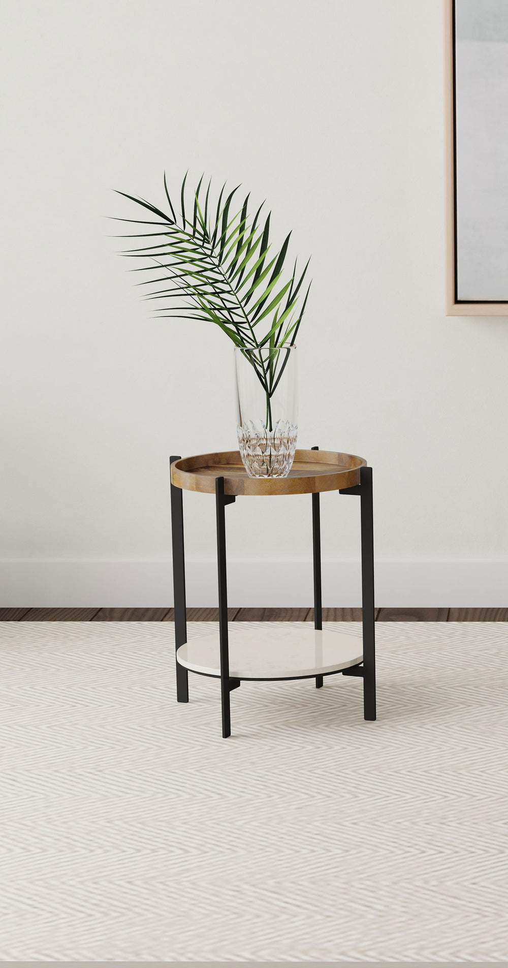 Adhvik Round End Side Table Marble Shelf Natural and Black