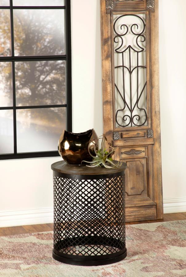 Aurora Round Drum Base Accent Side Table Natural and Black | King | Brown | Black | 935990