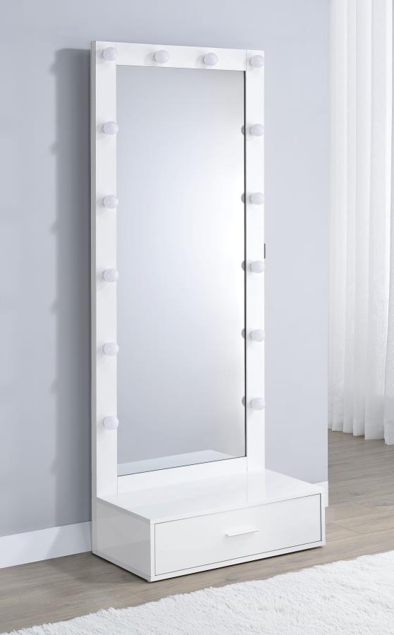 Spector 1-drawer Lighted Full-Length Floor Mirror White High Gloss