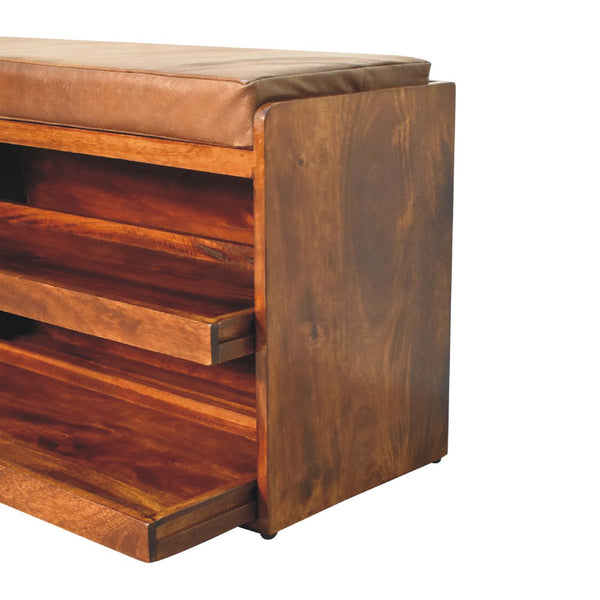 Aluna Buffalo Hide Pull out Chestnut Shoe Storage Bench