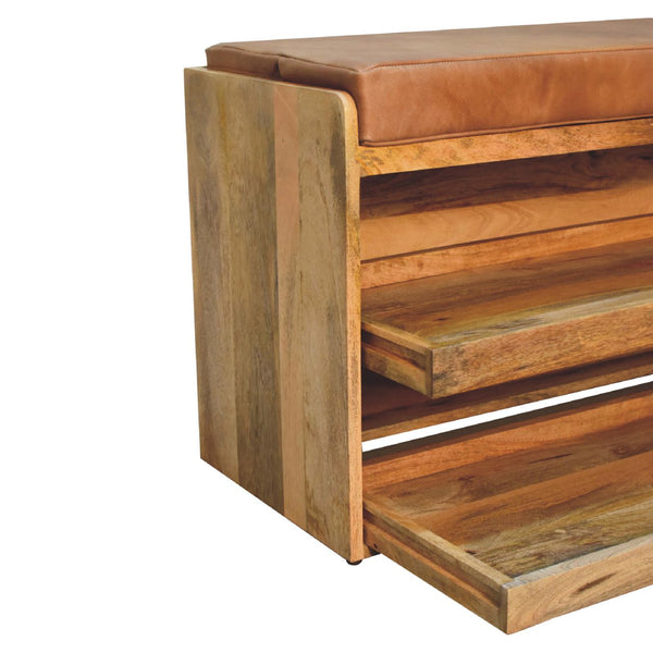 Aluna Buffalo Hide Pull out Oak-ish Shoe Storage Bench